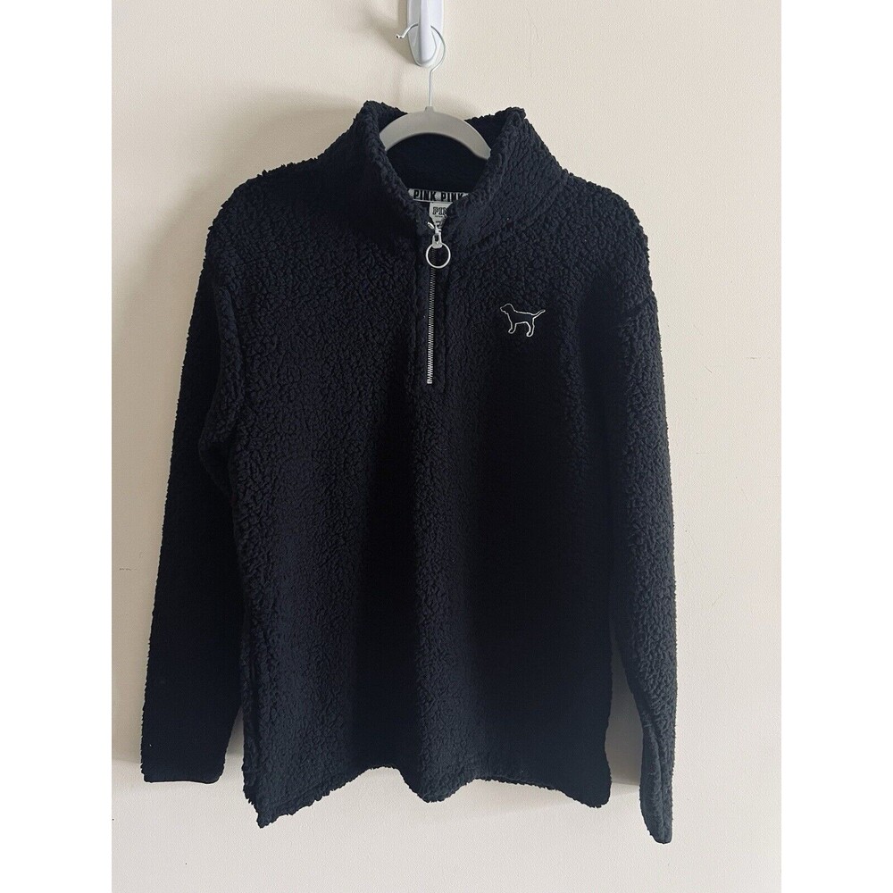 Victoria’s Secret PINK Small Black 1/4 Zip Pullover‎ Sherpa Fleece Dog Logo NWT